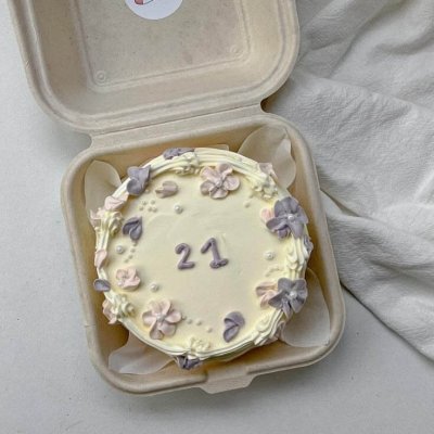 White bento cake number 21 purple flowers custom Karachi
