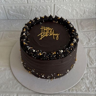 Dark chocolate birthday cake gold text pearls custom Karachi