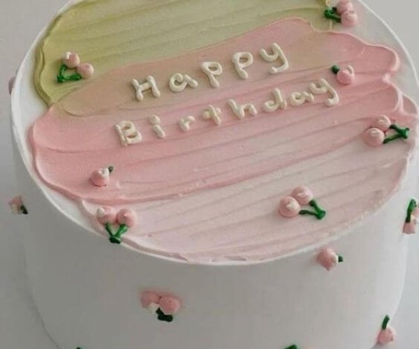 White bento cake pink green flowers custom Karachi Sweet Bakeistan