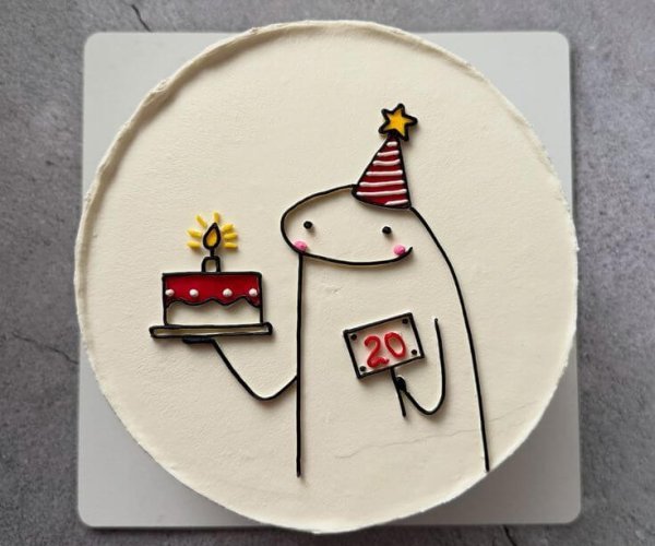 White Korean minimalist cake cartoon character birthday hat number 20 Karachi